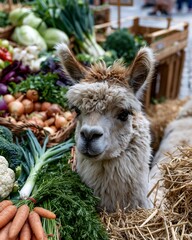 Obraz premium Cute Alpaca Portrait with Fresh Produce at a Lively Farm Market Stall