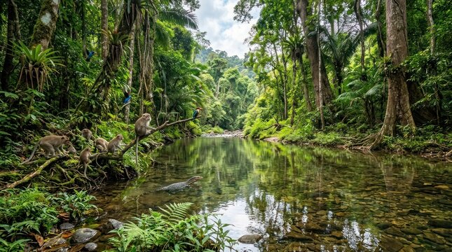 A serene tropical river scene with three monkeys perched on a branch over a calm water body.