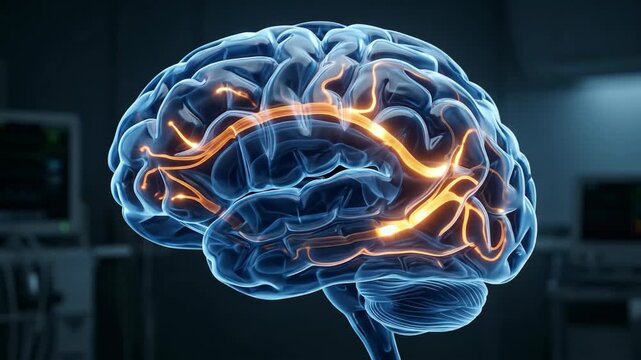 Glowing neural pathways pulsing inside a digital human brain model