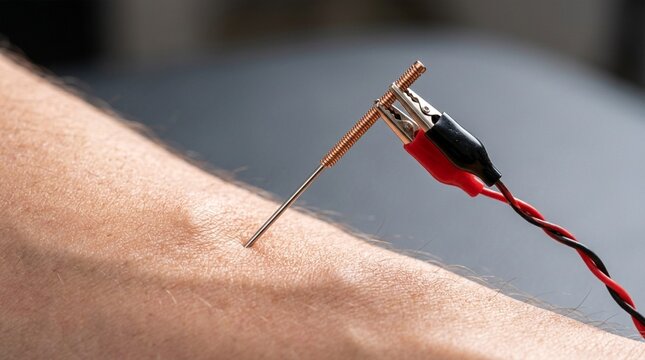 Electro acupuncture needle inserted into human arm skin with connected wires and alligator clips