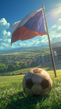 Soccer ball on grass field with Czech Republic flag waving in the background under blue sky.