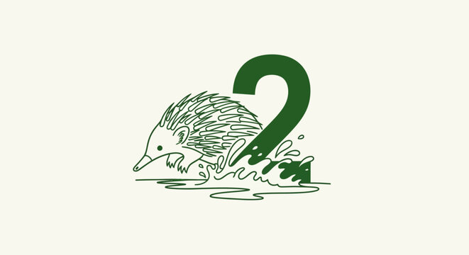 Green echidna illustration with large number two design.