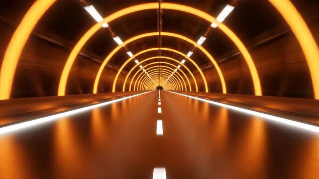 Driving Through Abstract Dark Tunnel with Glowing Orange Neon Arches and Reflective Road