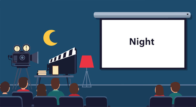 A movie night scene with a projector screen