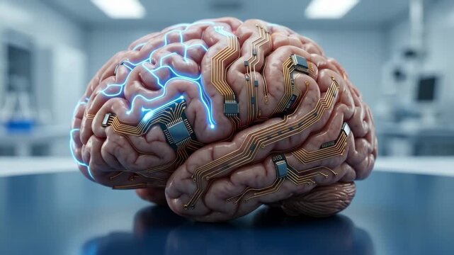 Human brain with glowing digital circuits pulsing in a lab