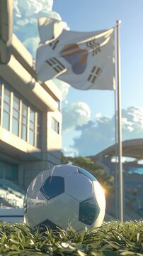 Soccer ball on grass with South Korean flag waving in the background under a bright sky.