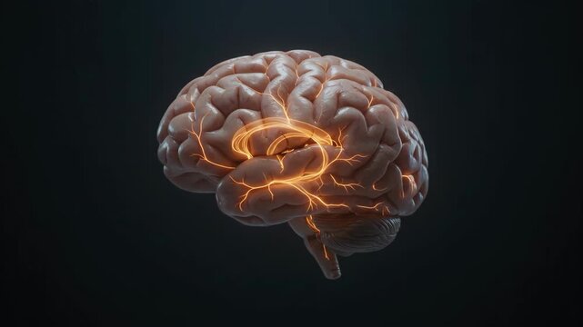 Human brain 3d animation with glowing neural pathways