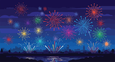 A vibrant fireworks display over a city skyline at dusk © Rokica