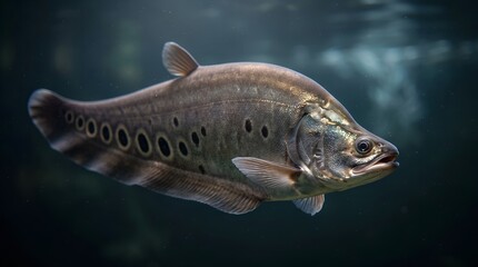 Naklejka premium Clown Knifefish Swimming in Dark Aquarium Water.
