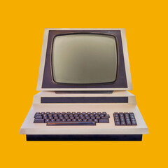 Fototapeta premium Vintage eighties desktop personal computer with crt display on an orange background