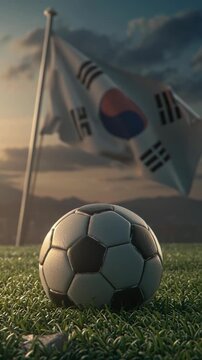 Soccer ball on grass field with South Korean flags waving in the background during sunset.