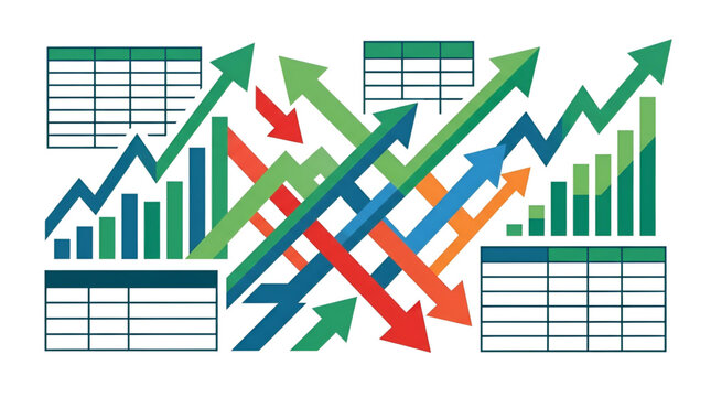 Financial growth charts with upward and downward arrows indicating market trends