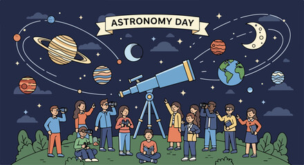 People observing celestial bodies with telescope on Astronomy Day © Ukar