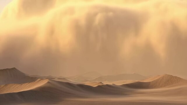 Expansive desert landscape with golden sand dunes under a dramatic sky. Captivating natural beauty showcasing the vastness and tranquility of arid environments