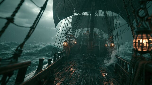 Europe medieval lifestyle. A dramatic, atmospheric portrayal of a pirate ship in a stormy sea. The ships deck is illuminated by lanterns, casting a warm glow on the wooden planks and ropes.