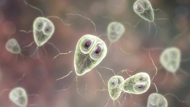 Giardia lamblia trophozoites, 3D animation showing slowly rotating flagellated protozoa, illustrating intestinal parasitic infection and giardiasis.