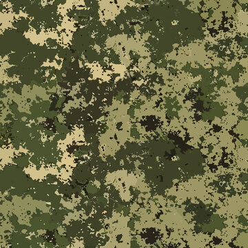 Classic Russian digital flora military camouflage seamless pattern with pixelated green brown and black tones vector tactical camo print ready 300 dpi