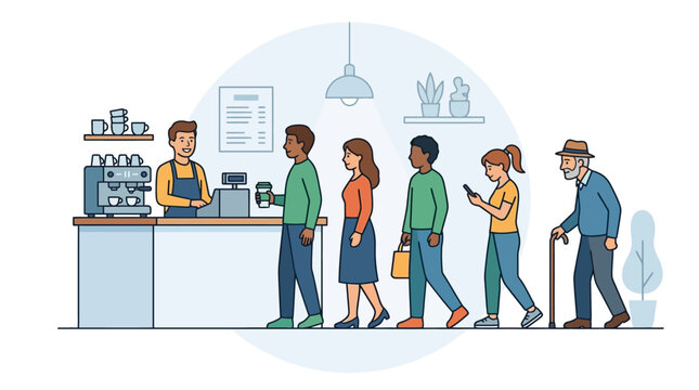 Diverse customers lining up at a busy coffee shop counter for service