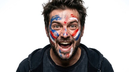 Obraz premium Man with patriotic face paint shouting and smiling