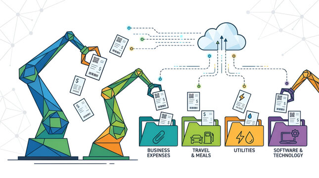 Robotic arms sorting documents into categorized folders for cloud data processing