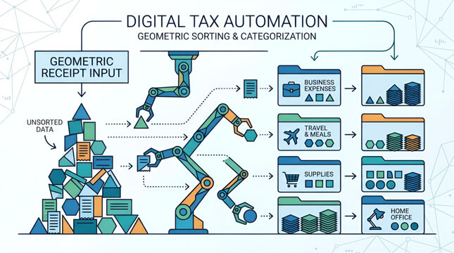 Robotic arms sorting geometric data for digital tax automation and categorization