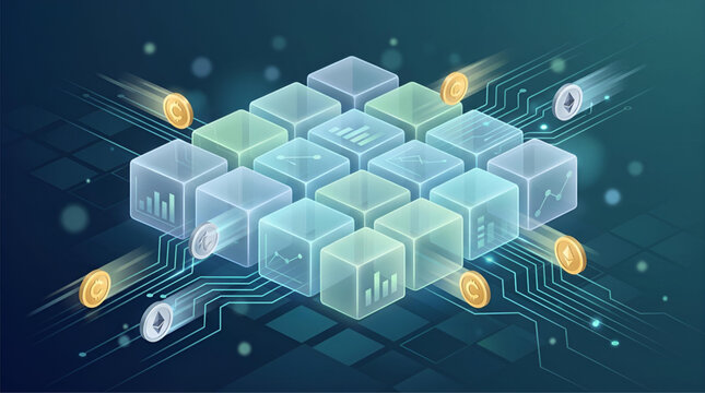 Blockchain network with interconnected blocks and digital currency coins in a futuristic technological setting