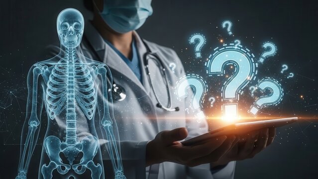 A doctor with a digital skeleton and question marks illustration