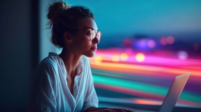 Focused woman in glasses working on laptop at night with blurred city lights in background