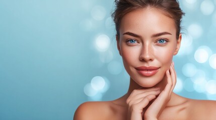 Naklejka premium Beautiful woman with flawless skin and bright blue eyes, looking at the camera