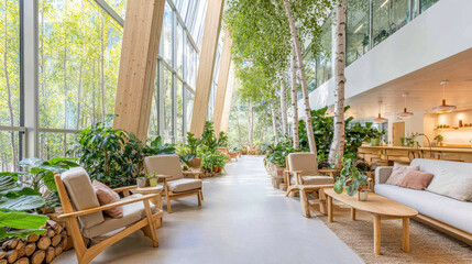 Fototapeta premium Biophilic interior design with natural wood furniture and abundant green plants creating bright and calming space filled with