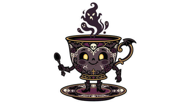 Spooky haunted teacup character with swirling ghosts