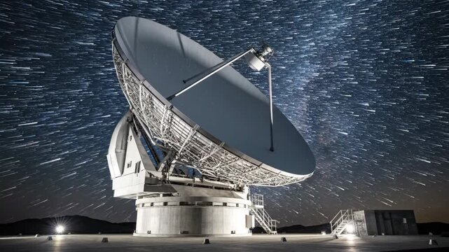 Monumental Satellite Dish Rotating Under Deep Indigo Night Sky with Star Trails