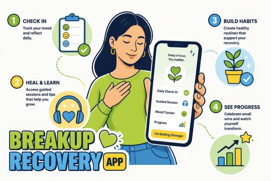 Breakup recovery app concept with mood tracking self care and guided healing support