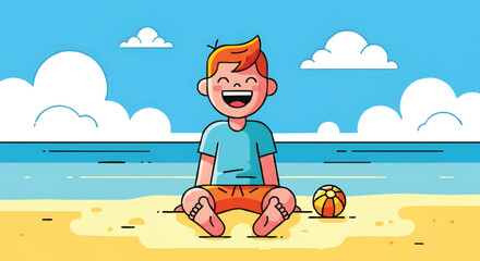 Naklejka premium Cartoon Happy Boy Sitting on Sunny Beach with Beach Ball, Summer Vacation Concept Flat Vector Illustration