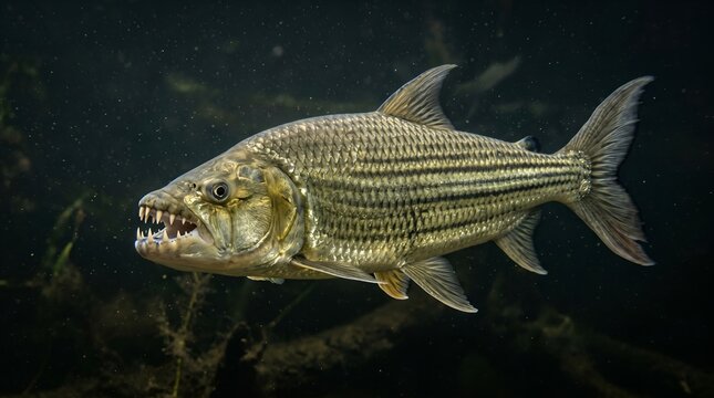 Goliath Tigerfish Swimming in Dark Underwater Habitat.