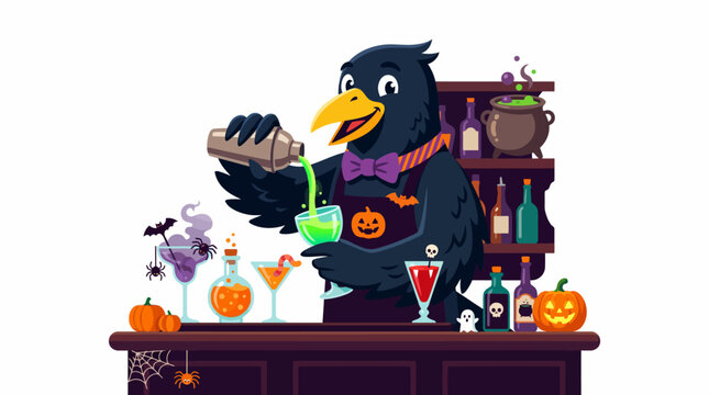 Crow bartender pouring neon green halloween cocktails