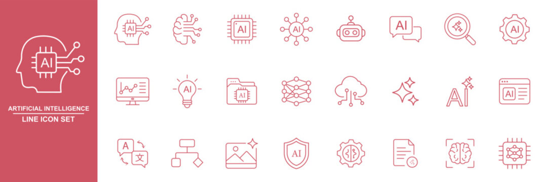Generative AI line icon set featuring artificial intelligence, machine learning, chatbot, neural network, creativity, robot, and automation. Professional editable vector illustration