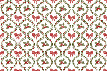 Fototapeta premium Coquette Christmas berry, botanical branch and bows seamless pattern. Hand drawn retro damask winter holiday print, wallpaper, New Year textile design, vector repeat background, wrap, gift paper.