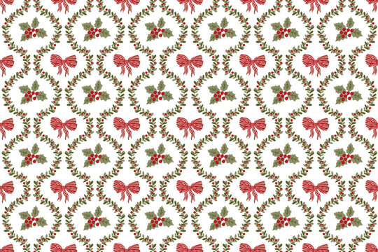 Coquette Christmas berry, botanical branch and bows seamless pattern. Hand drawn retro damask winter holiday print, wallpaper, New Year textile design, vector repeat background, wrap, gift paper.