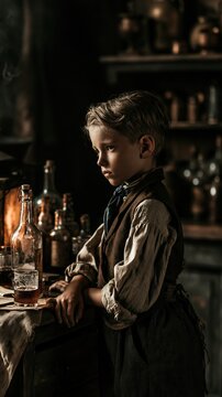Europe medieval lifestyle. A moody, atmospheric portrait of a young boy seated at a wooden table. He wears a vintagestyle outfit, consisting of a brown vest and a white shirt with a blue bowtie.