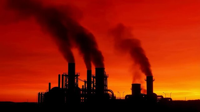 Industrial smokestacks releasing dark smoke against a vibrant sunset. Symbolizes environmental impact and industrialization challenges