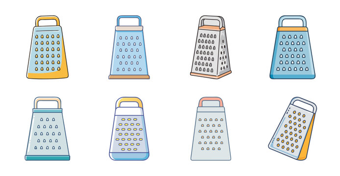 Assorted kitchen graters with different designs - A set of six colorful graters in various patterns and styles, perfect for kitchen illustrations or food-related graphics.