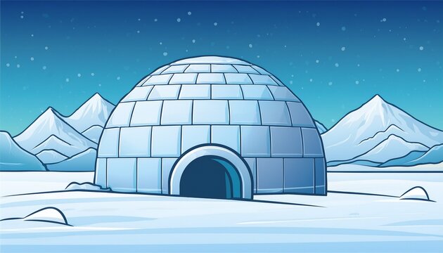 igloo isolated in snowfield with snowy mountain arctic landscape scene