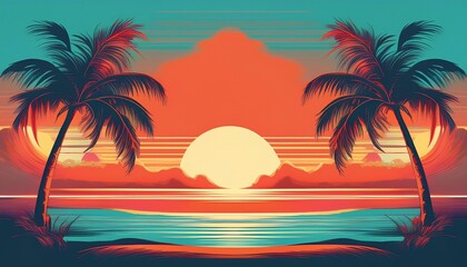 Obraz premium retro summer vibes banner abstract silhouette palm and beach background