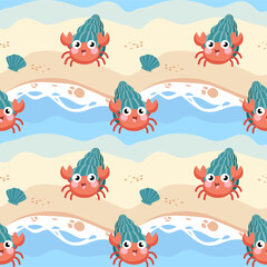 Obraz premium Cute hermit crab and beach waves seamless pattern, sweet little ocean creature vector background for kids summer swimwear