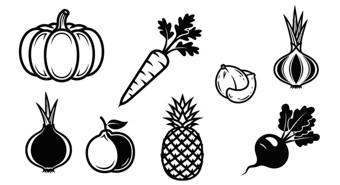 Fresh organic vegetables and fruits icon set in line art style