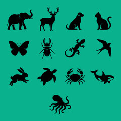 Obraz premium A Collection of Animal Silhouettes Featuring Various Creatures on a Green Background