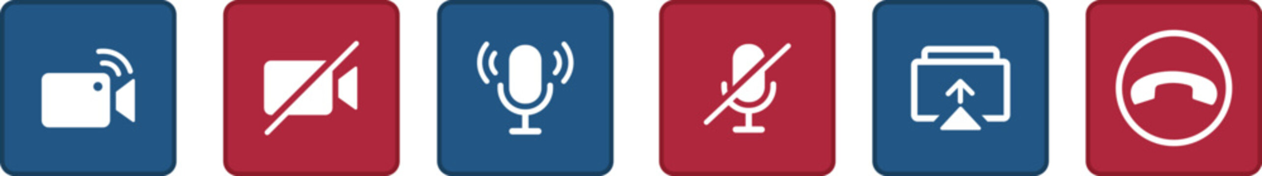 Video Conference Call UI Icons Set with Camera Mute Microphone Audio Screen Share and End Call Buttons