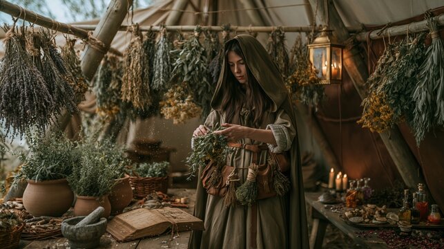 Europe medieval lifestyle. A detailed, atmospheric portrayal of a woman in a rustic setting. She wears a long, flowing robe and a hooded cloak, and holds a bundle of dried herbs in her hands.