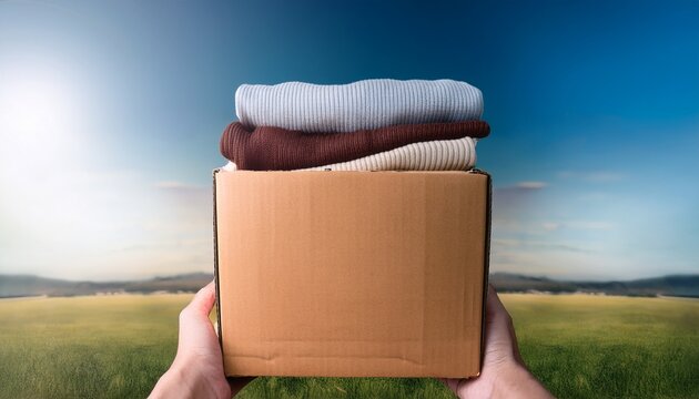 hand holding box give clothes together for concept donation and reuse recycle
